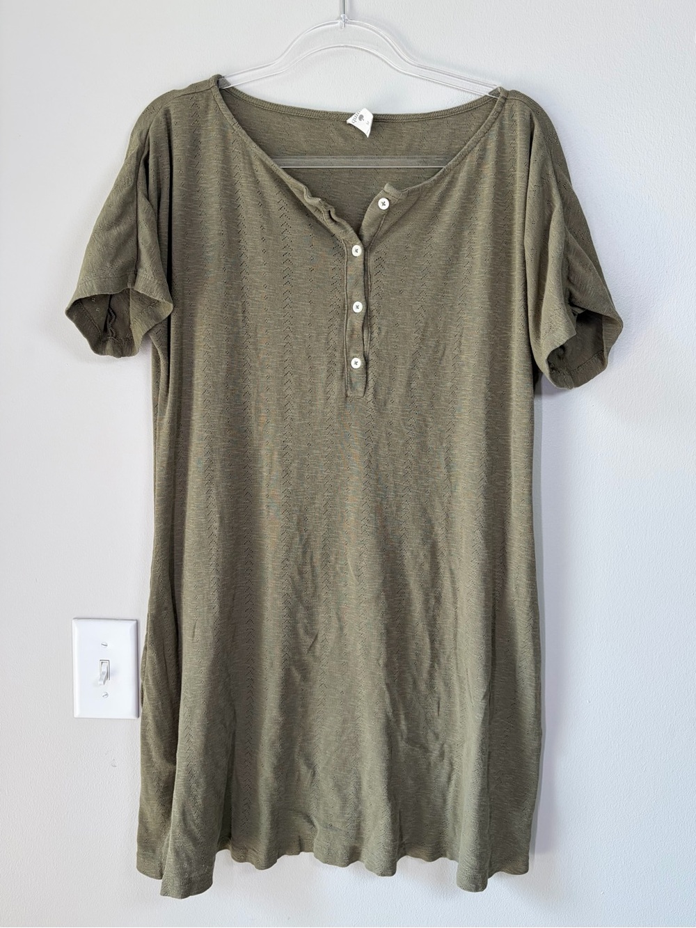 Kate Quinn Olive Green Organic Cotton Pointelle Henley Short Sleeve Tunic Dress